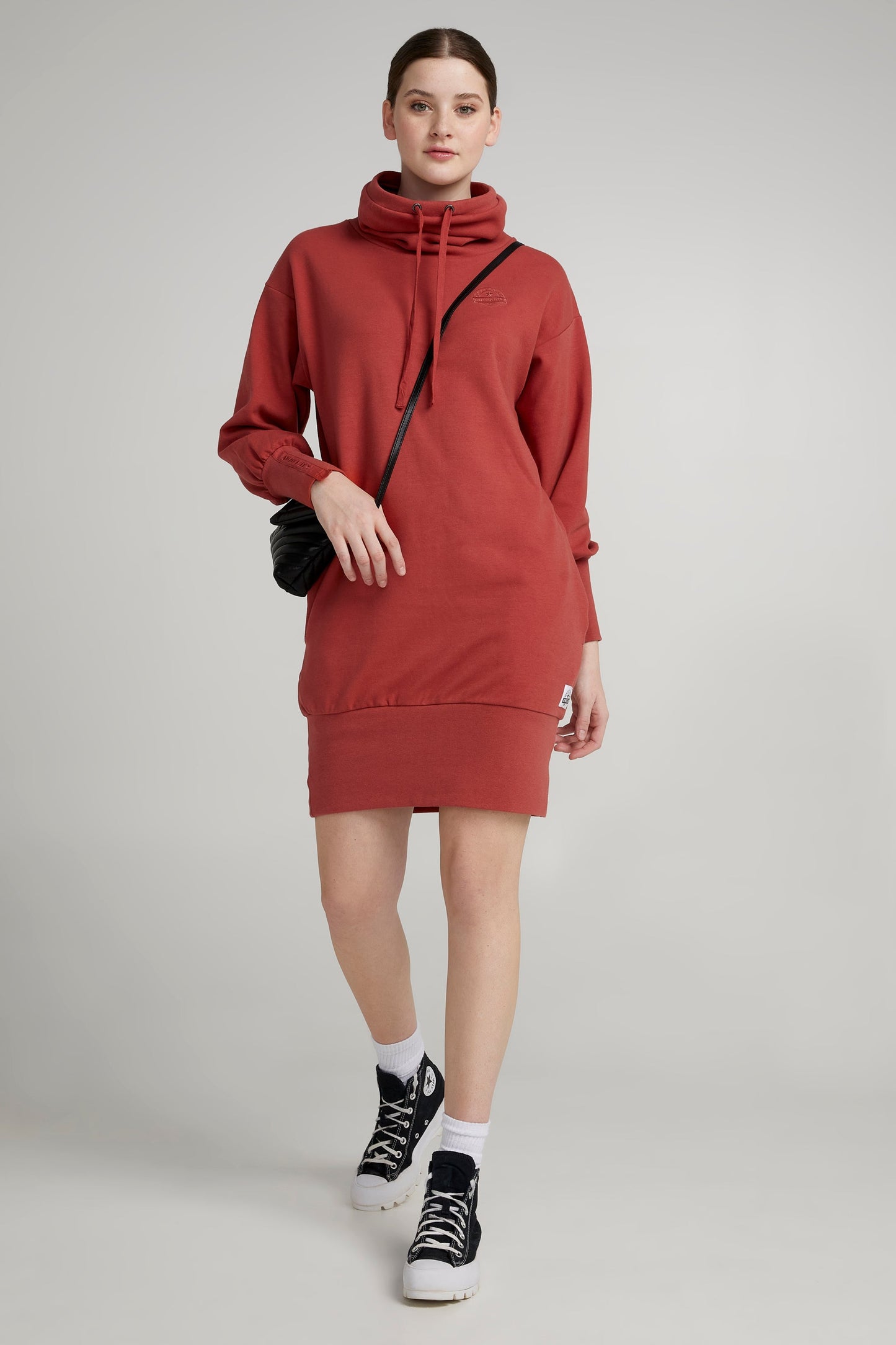 Cotton hooded dress with high neck