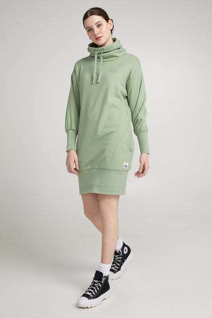 Cotton hooded dress with high neck